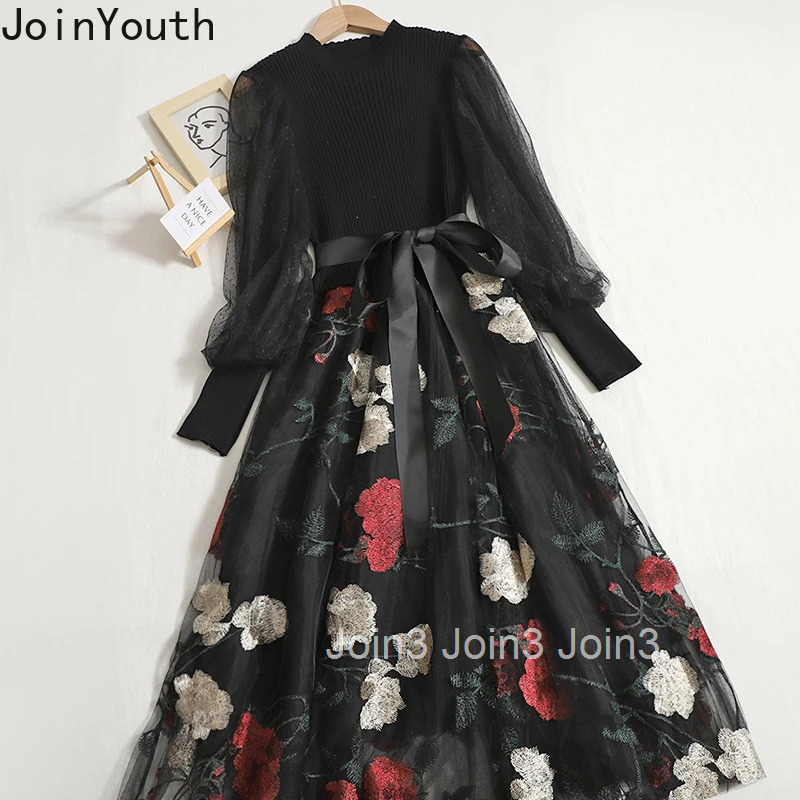 Korean Temperament Robe Femme O-neck Bandage Bow Dresses 2025 Vestidos De Mujer Gauze Embroidery Floral Vintage A-line Dress