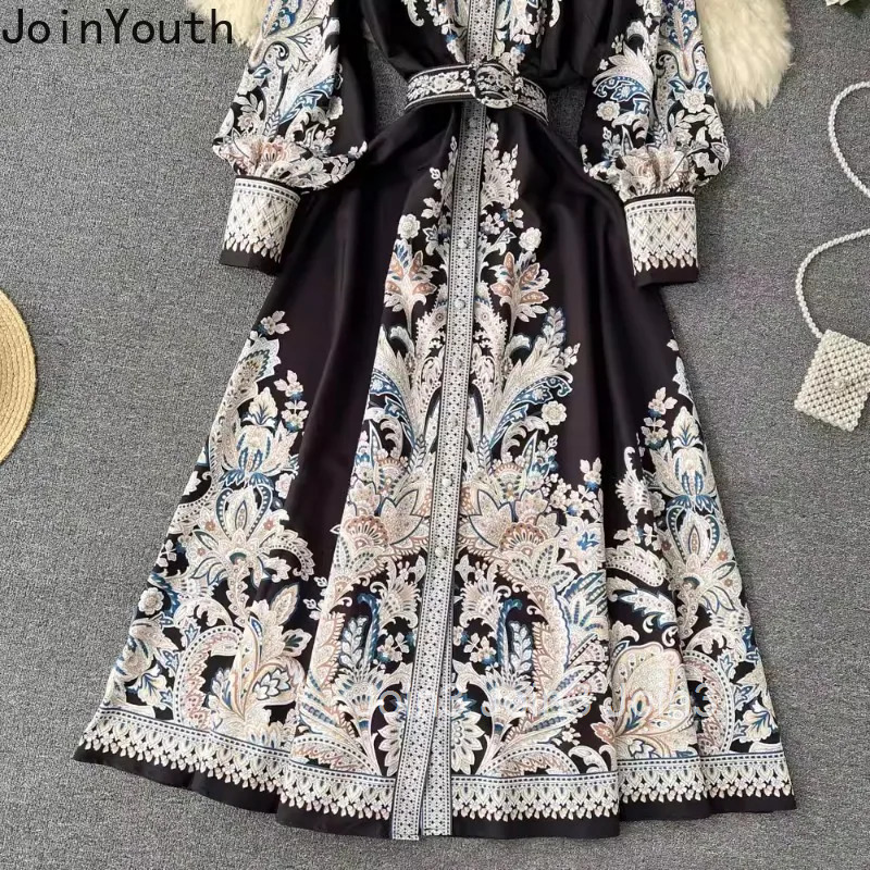 Print Maxi Dress Women Slim Elegant Long Robe Femme Fashion Vintage Dresses Lantern Sleeve Bandage Vestidos Mujer Clothes