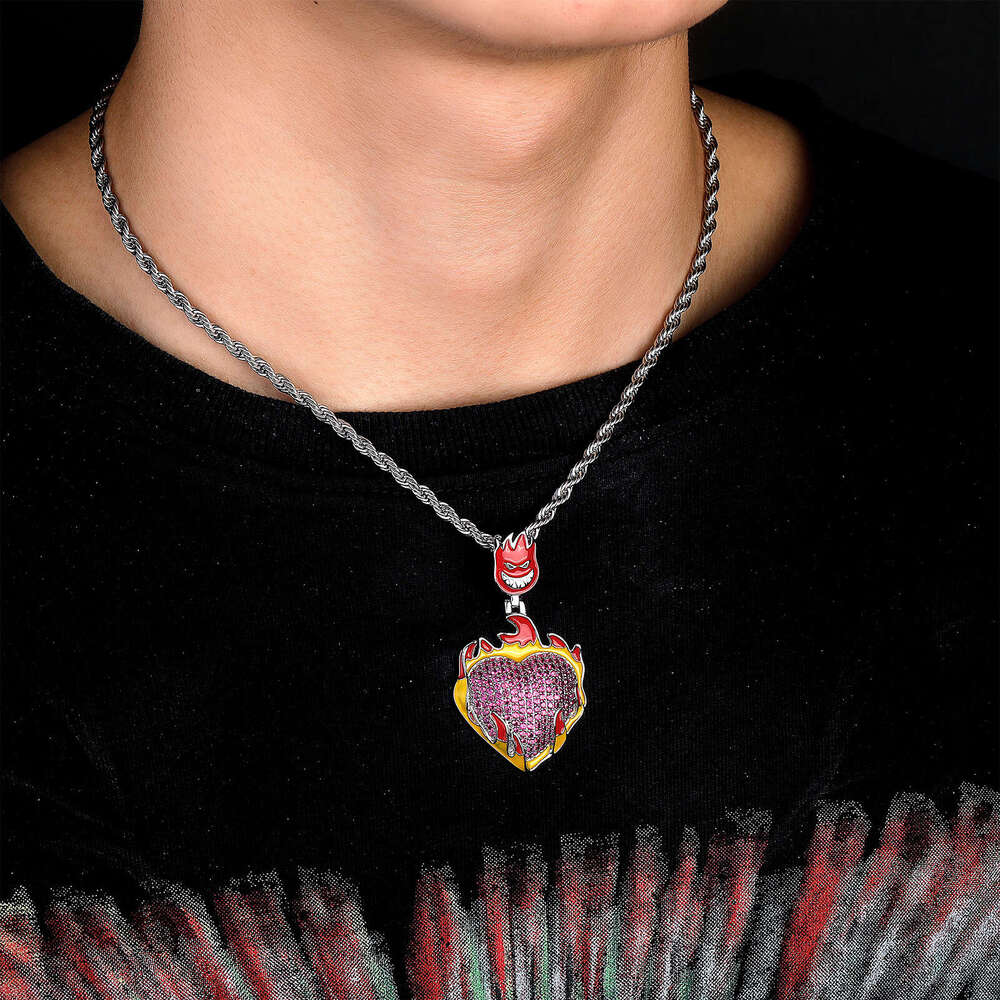Jin Ao New Hip-Hop Pendant Oil Painting Flame Heart Full Dia Necklace Copper Inlaid Zircon Unisex Trendy Versatile Jewelry