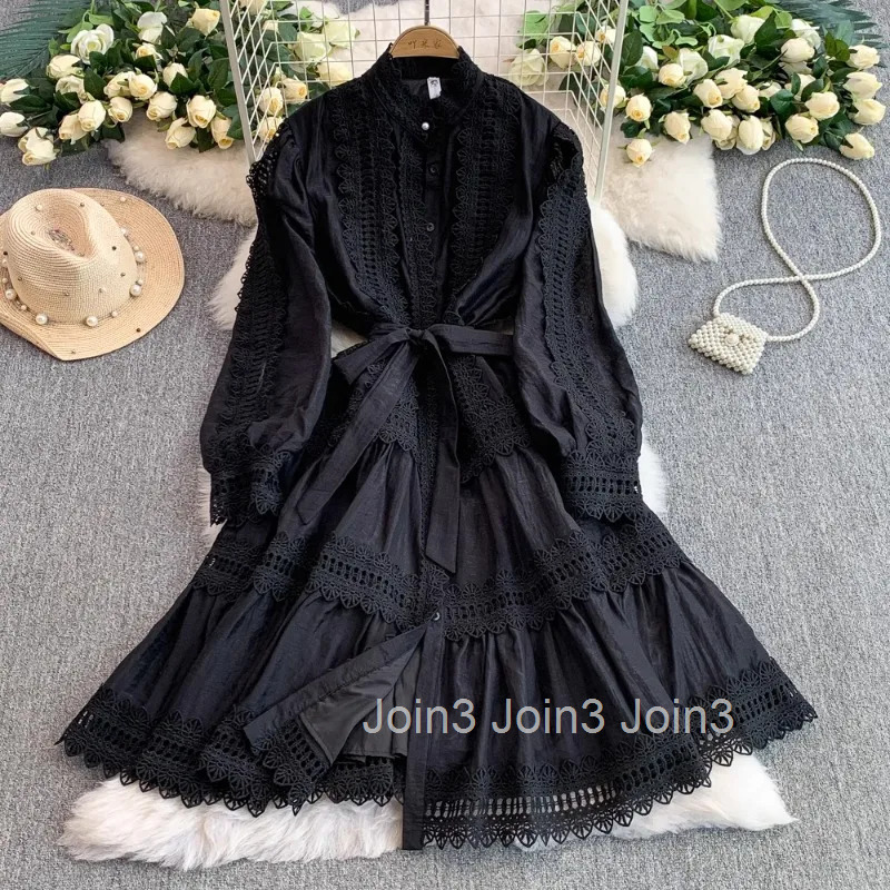 Womens Clothes Slim Waist Big Swing Woman Dress Stand Neck Lantern Sleeve White Robe Femme Lace Bandage Vintage Summer Dresses