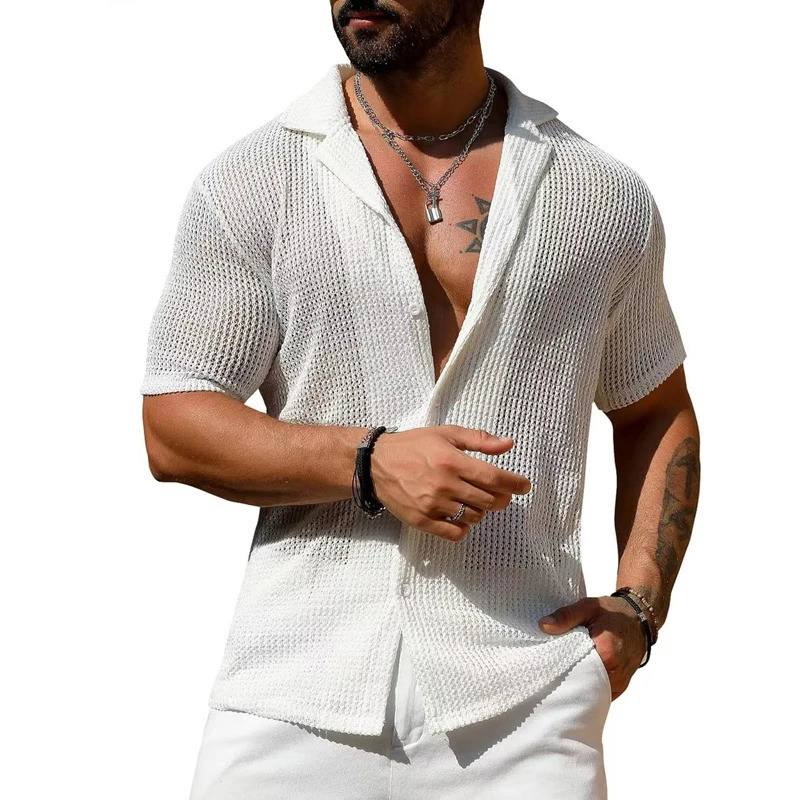 Summer Knitted Mens Polo Shirts Slim Button Lapel Short Sleeve Cardigan Tee Men Polos Fashion Solid Color Hollow Breathable Top 250619