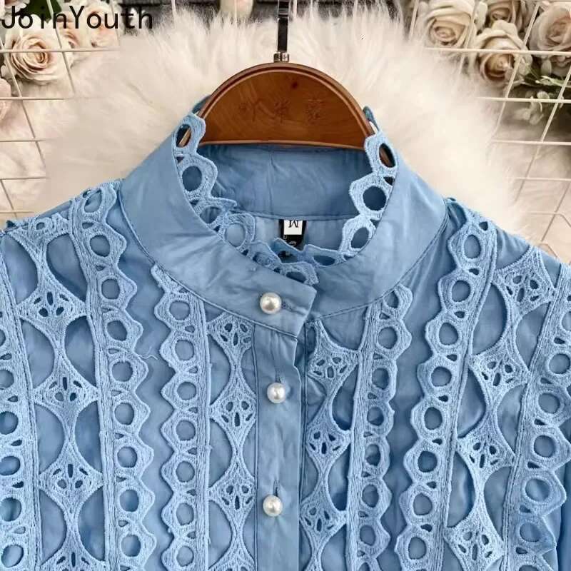 Fashion 2 Pieces Sets Women Clothing Stand Neck Lantern Sleeve Crop Shirts High Waist Skirt Outfits Hollow Out Lace Vintage Set
