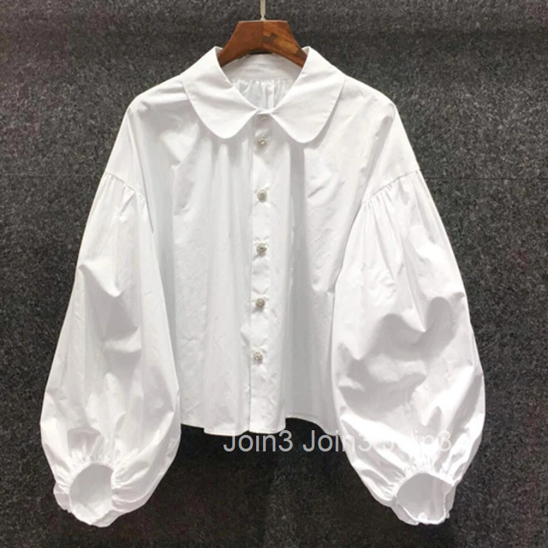 White Blouse for Women Lantern Sleeve Pater Pan Collar Shirts 2025 Blusas Mujer De Moda Fashion Vintage Temperament Blouses Tops