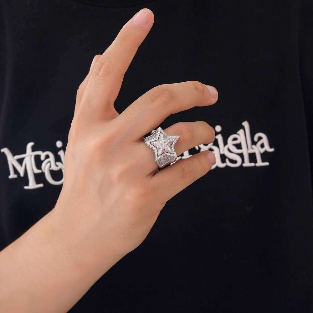 Five-Pointed Star 3D Micro Paved Full Zircon Men's Trendy Brand Ring Hip Hop Accessories 42aa