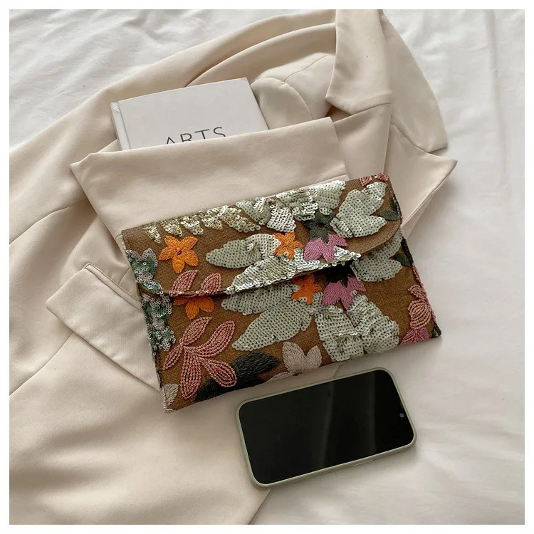 Women Evening Bag Floral Embroidery Sequin Evening Clutch Bag Envelope Package Beach Bag for Women Wedding Vacation Travel 250617