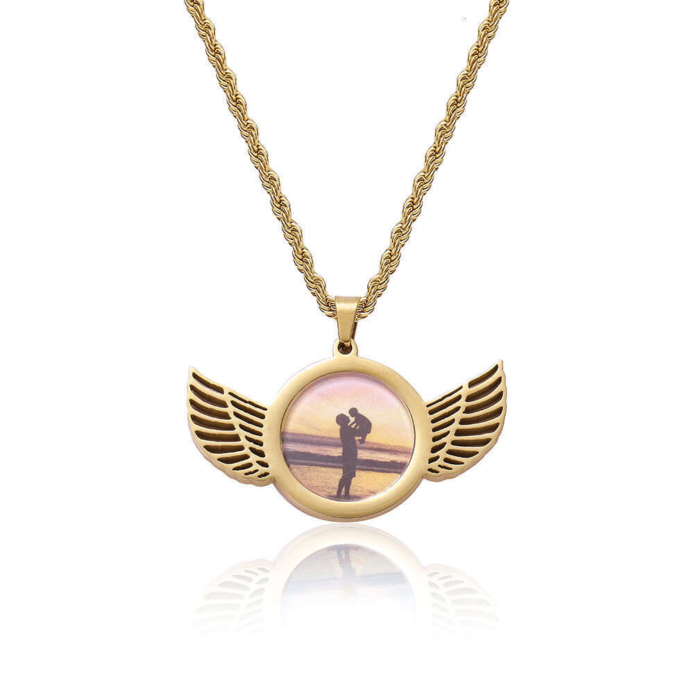 Hip Hop Stainless Steel Photo Pendant DIY Creative Wings Round Frame Men's Necklace Jewelry e310