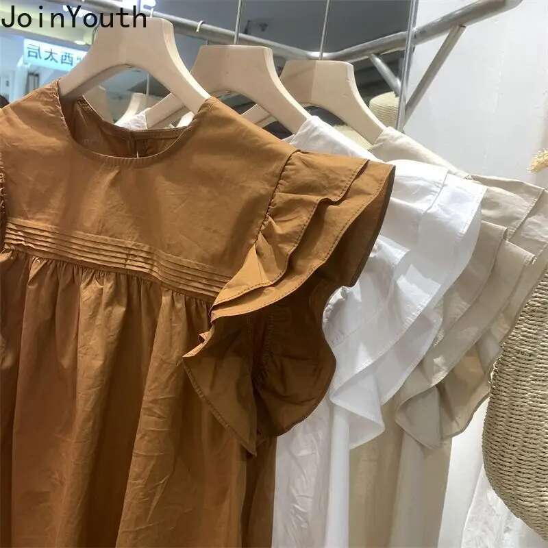 Korean Blouse for Women Flying Sleeve O-neck Loose Shirts 2025 Blusas Mujer De Moda Vintage Summer Tops Chic Sweet White Blouses