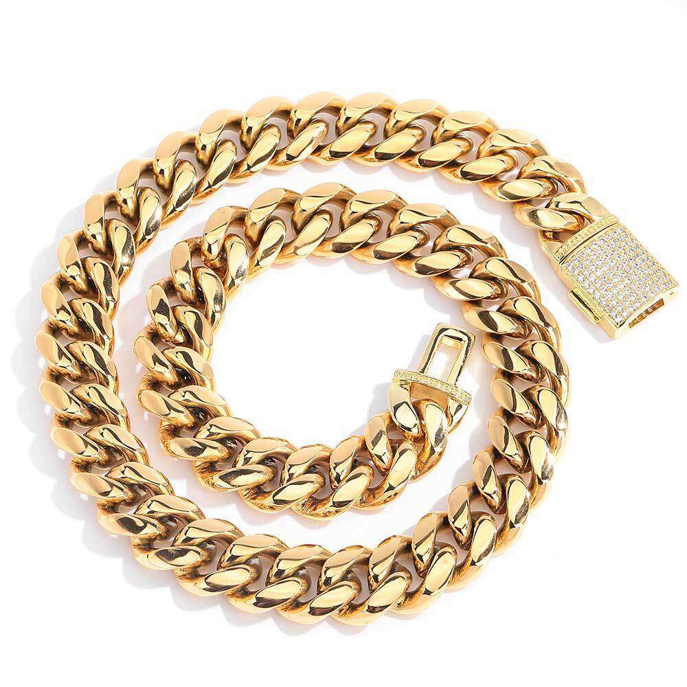 Jewelry Stainless Steel Miami Hip Hop Cuban Chain Zircon Flip Clasp Men's Necklace Bracelet 8c01