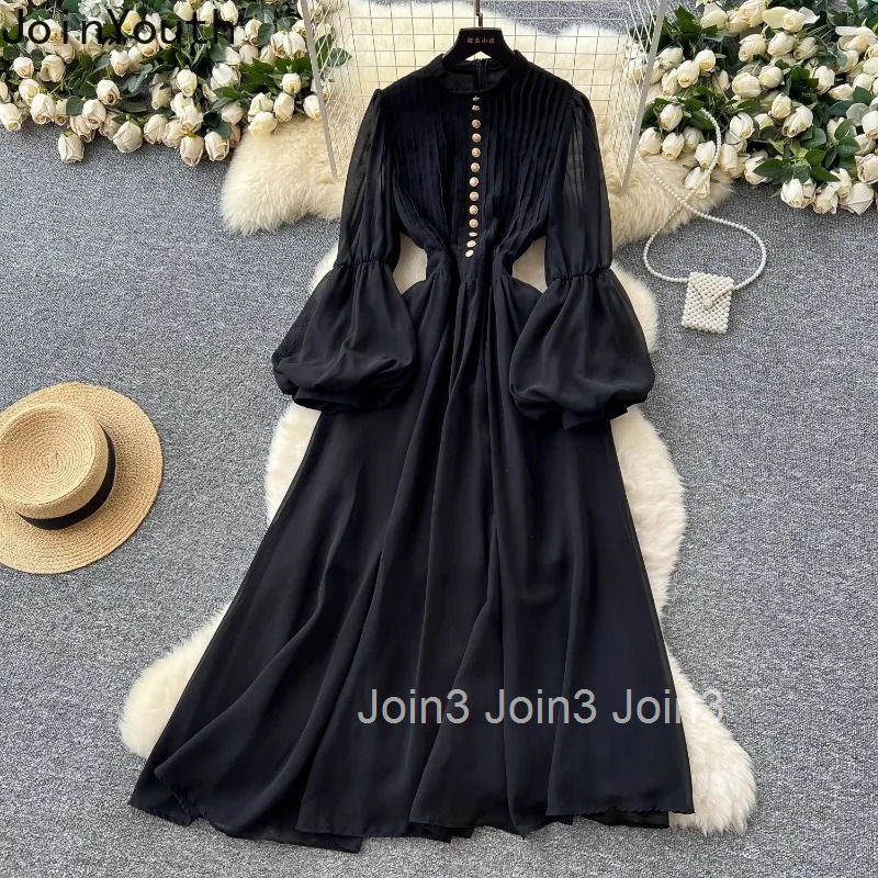 2025 Vestidos De Mujer Vintage Lantern Sleeve Dress Womens Clothing Single Breasted Slim Waist High Waist A-line Maxi Dresses