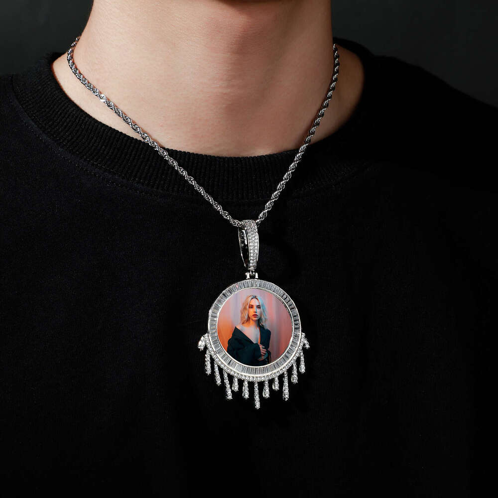 Jin Ao T Square Full Dia Water Drop Hip-Hop Photo Frame Pendant Necklace for Men and Women Couple Jewelry