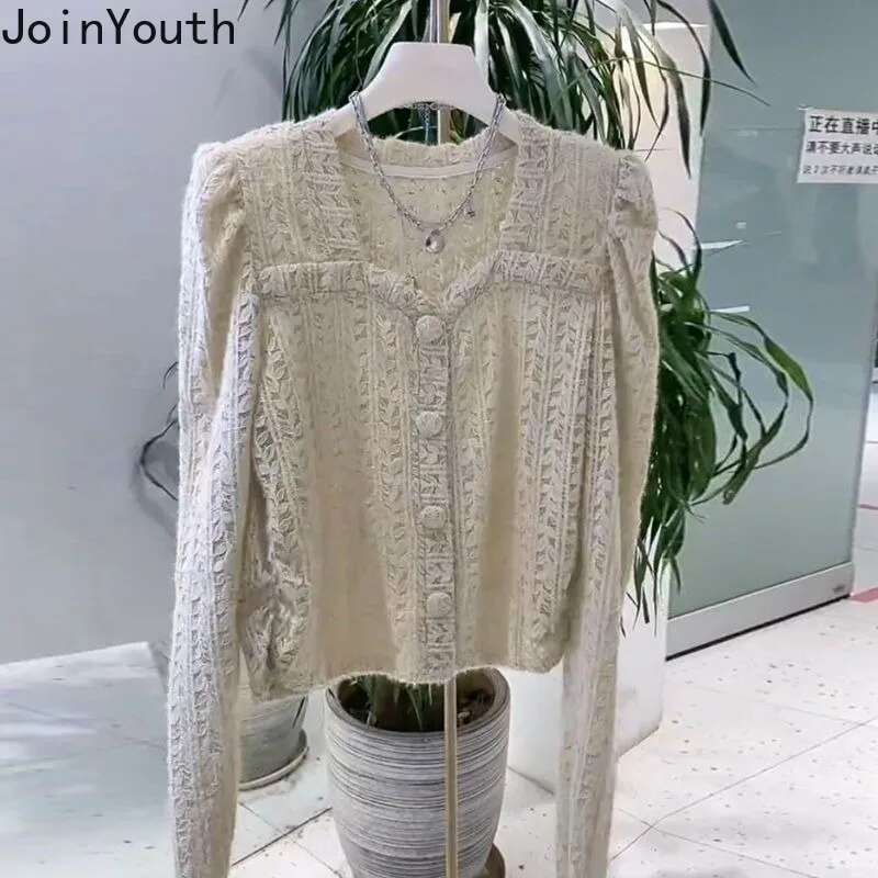 Solid Color Square Collar Tunic Blouses Women Clothing Lace Puff Sleeve Crop Tops 2025 Camisas De Mujer Hollow Out Shirt Blouse