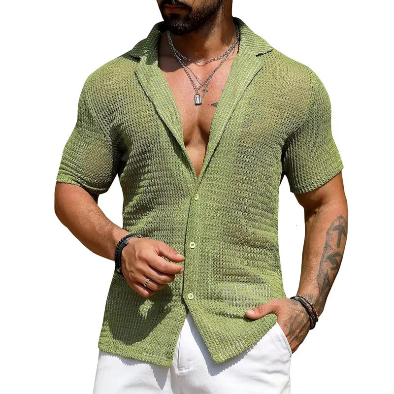 Summer Knitted Mens Polo Shirts Slim Button Lapel Short Sleeve Cardigan Tee Men Polos Fashion Solid Color Hollow Breathable Top 250619