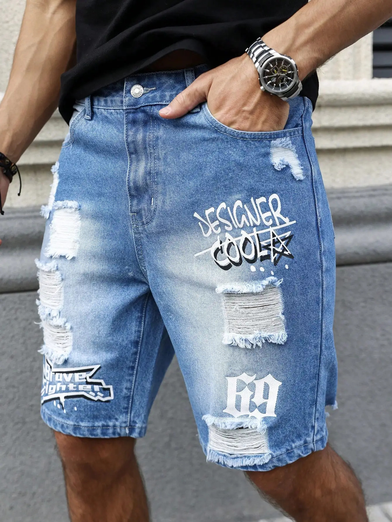 Mens Summer Blue Ripped Printed Denim Shorts. Trendy ripped . Stylish text prints. 250617