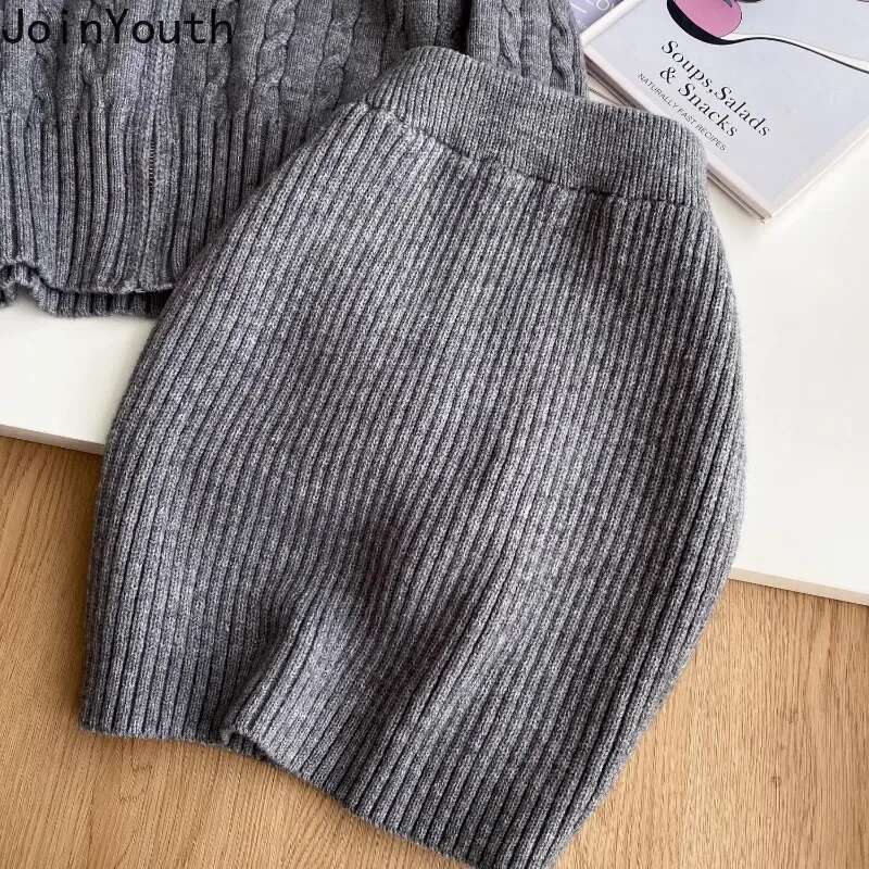 Korean Two Piece Sets 2025 Women Clothing Hooded Ribbed Cropped Cardigan High Waist Mini Bodycon Skirt Outfits Chic Casual Suit