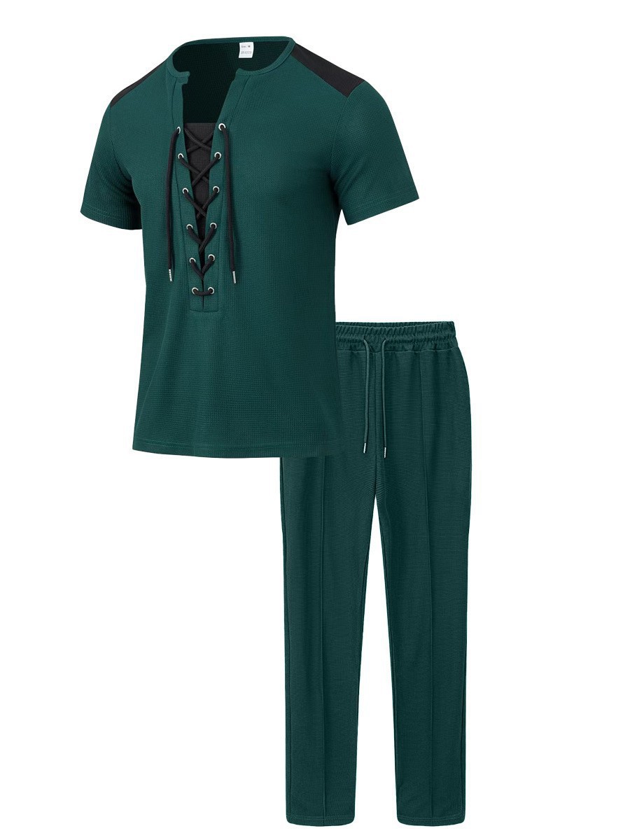 Mens tracksuit Men's fashion two-piece set new Waffle T-shirt fashionable long pants V-neck drawstring short sleeve + long pants two-piece casual