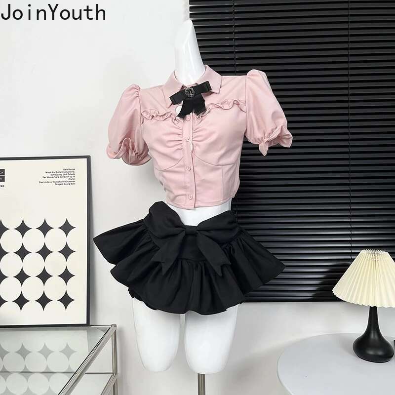 Cute Skirts for Women New Bottoms Japanese Jupe Fashion Sweet Saia 2025 Faldas Mujer De Moda Bandage Bow Simple Tunic Mini Skirt