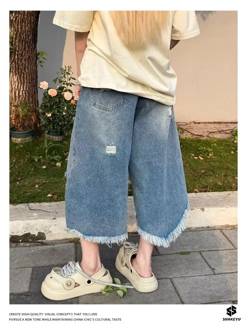 DM Vintage Ripped Denim Shorts Men Streetwear Harajuku Baggy Jeans Shorts Summer Casual Loose Shorts 250617