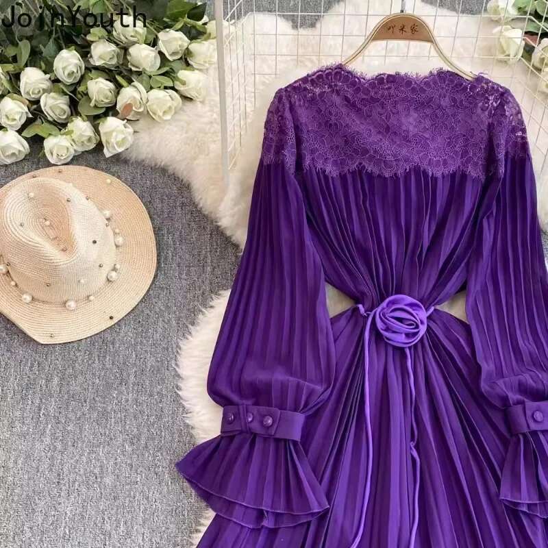 Vintage Robe Femme Pleated Dresses for Women 2025 Vestidos De Mujer Lace Hollow Out Flare Sleeve High Waist Big Swing Maxi Dress