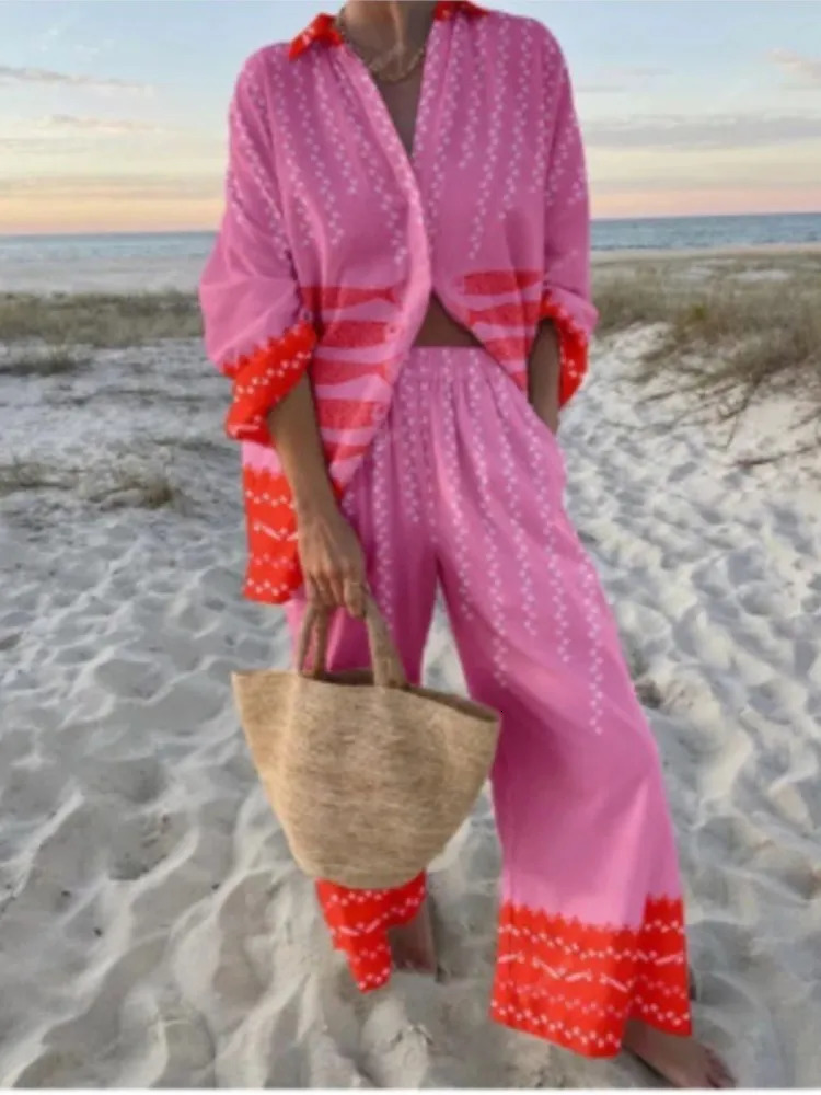 Casual Boho Print Set For Women Fashion Long Sleeve Tops High Waist Wide Leg Pants Two Piece Sets Lady Holiday Womens Clothing 250617