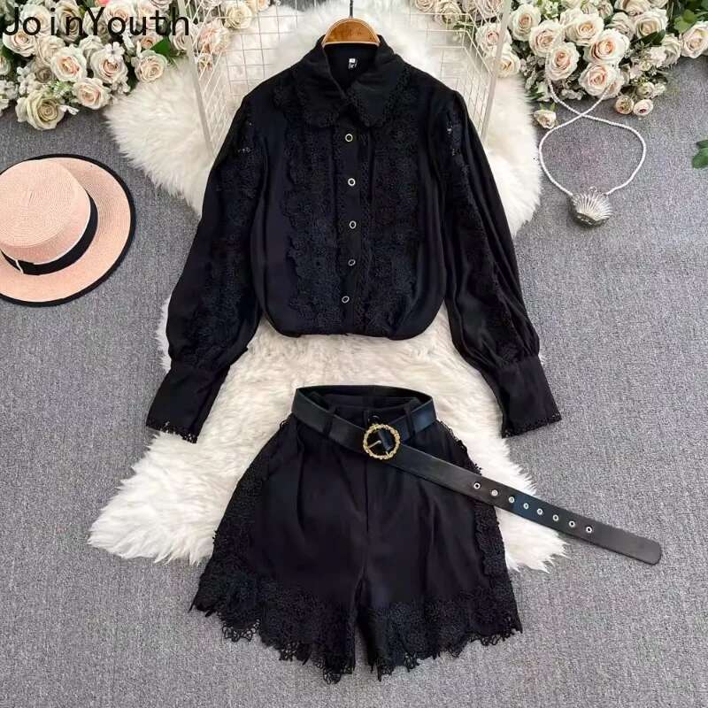 Women Clothing Shorts Outfits Summer Two Piece Sets Long Sleeve Lace Shirt High Waist Wide Leg Shorts Suit Vintage Korean Set