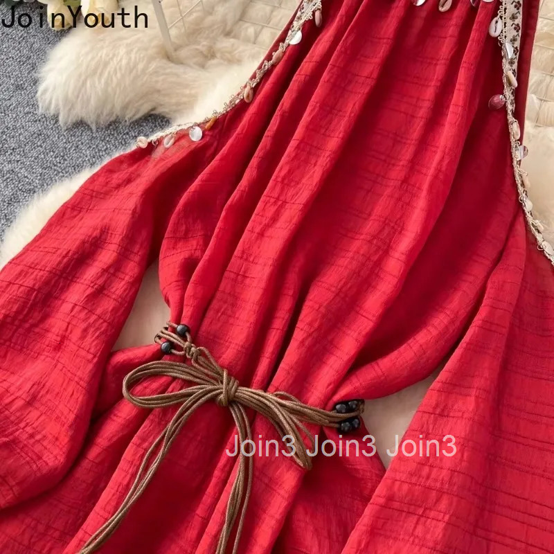 2025 Vestidos De Mujer Holidays Dress Moda Sexy Hollow Out Halter Lantern Slim Waist Mujer Off Shoulder Lace Up Big Swing Robe