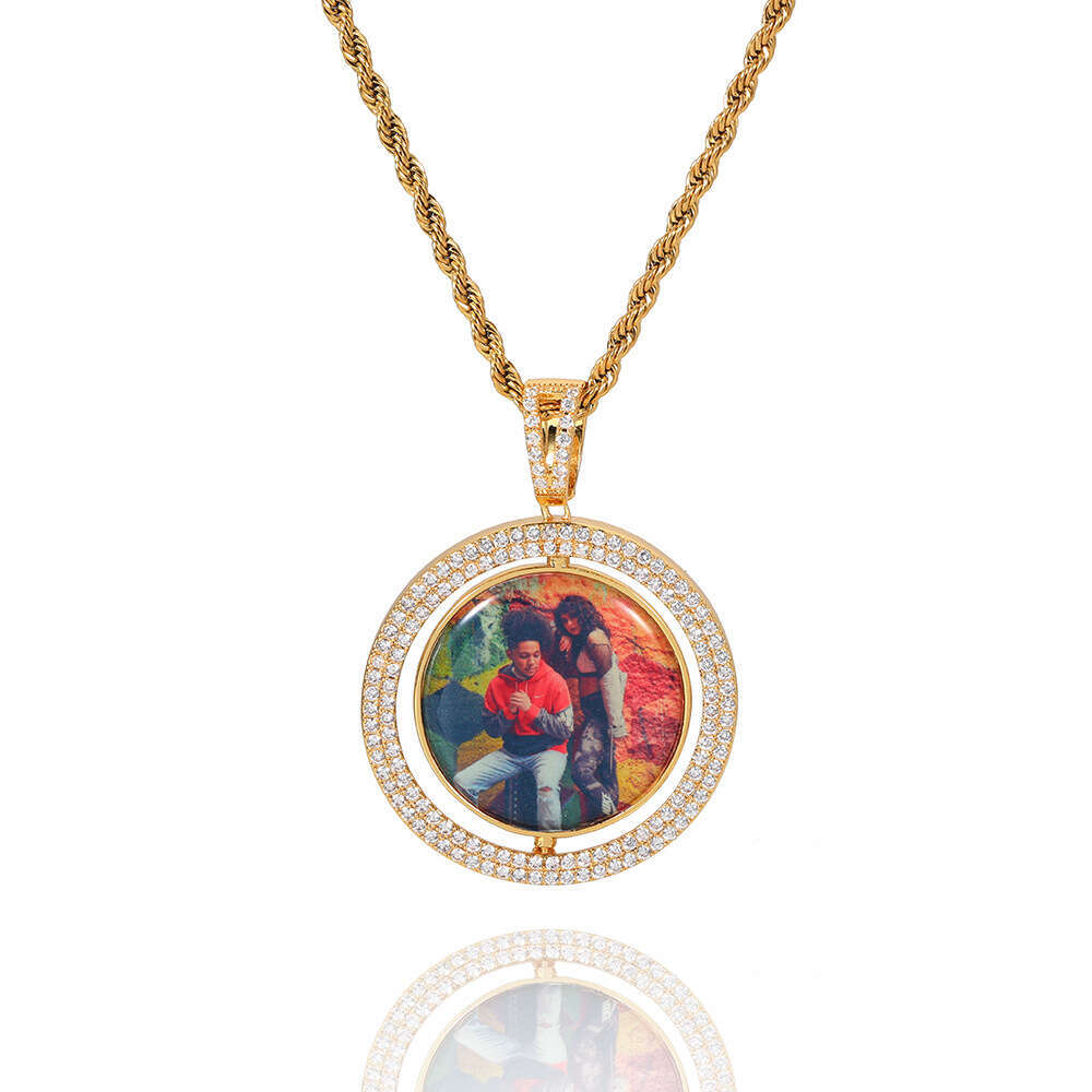 Memory Rotatable Large Double-Sided Round Photo Hip-Hop Pendant Micro-Paved Zircon Hollow Frame Necklace aa09