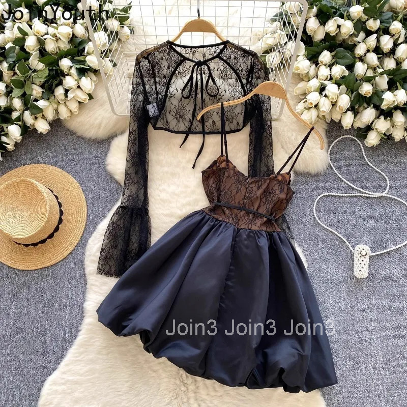 Dress Outfits Women Clothing Lace See Through Tops Tunic Bandage A-line Sweet Dresses Suit Fashion Summer Korean 2 Piece Sets
