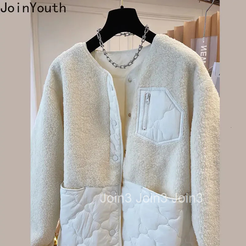 Fashion Jackets Winter Clothes Women O-neck Patchwork Lamb Wool Outwear Oversized Tops Casual Thicked Y2k Coats 2025 Ropa Mujer