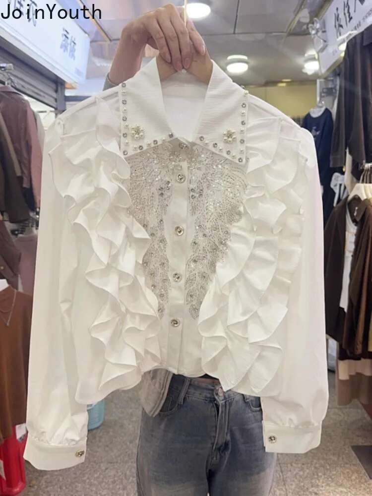 Blouses Women Temperament Lady Tops Stand Neck Long Sleeve Shirts Camisas De Mujer Hollow Out Ruffles Embroidery Sequin Blouse