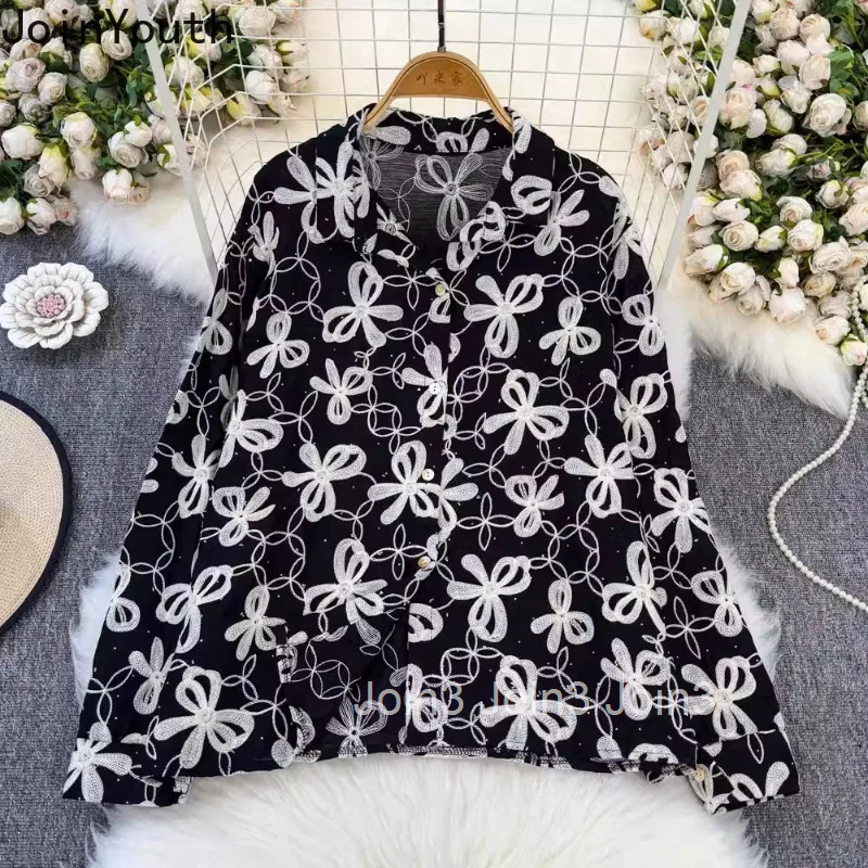 Blouses for Women Long Sleeve Heavy Diamond Embroidery Shirts 2025 Blusas Mujer De Moda Loose Vintage Fashion Korean Blouse Tops