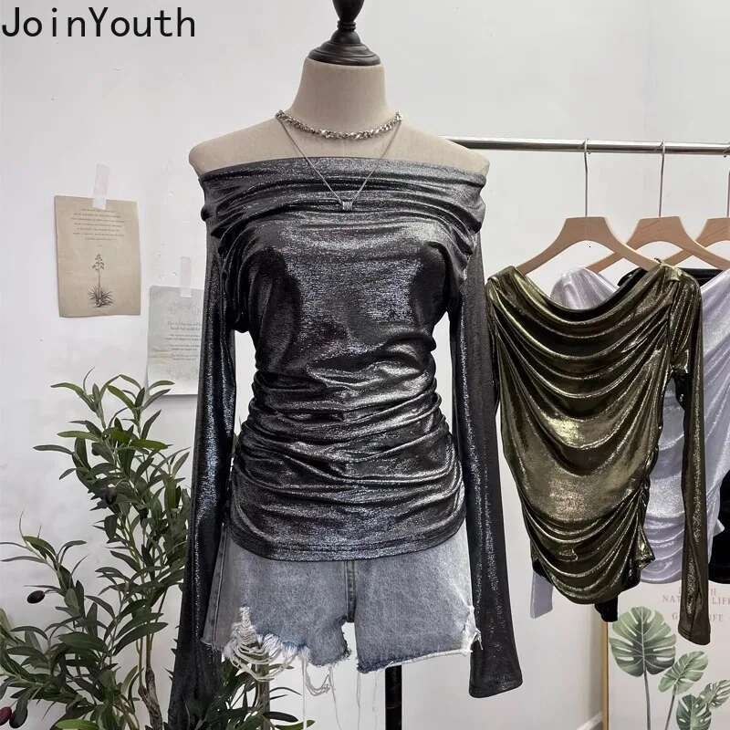 Temperament Tops Women Clothing Long Sleeve Slash Neck Tshirts Folds Slim Fit Camisetas 2025 Ropa Mujer Fashion Sexy T-shirts