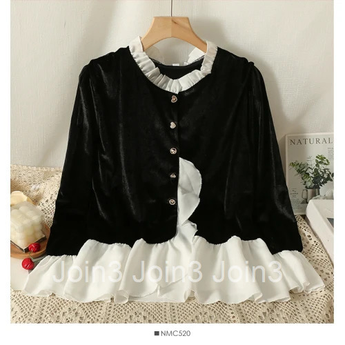 Vintage Blouse Women Black Velvet Patchwork Ruffles Shirts 2025 Blusas Mujer De Moda Crop Tops Tunic Long Sleeve Fashion Blouses