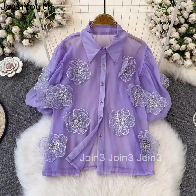 2025 Blusas Mujer De Moda Summer Blouse Womens Clothing Short Sleeve Sweet Sequin Floral Shirt See Through White Blouses Tops