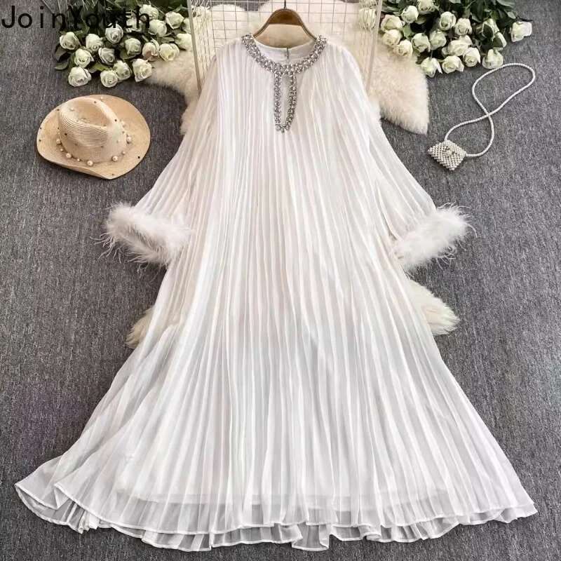 Korean Chic Woman Maxi Dresses Diamond O-neck Feather Loose Flare Sleeve Robe Femme Vintage Pleated Dress 2025 Vestidos De Mujer