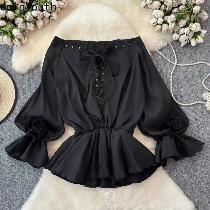 2025 Blusas Mujer De Moda Slash Neck Long Sleeve Blouses Women Clothing Vintage Bandage Tops 3D Floral Fashion Chiffon Shirts