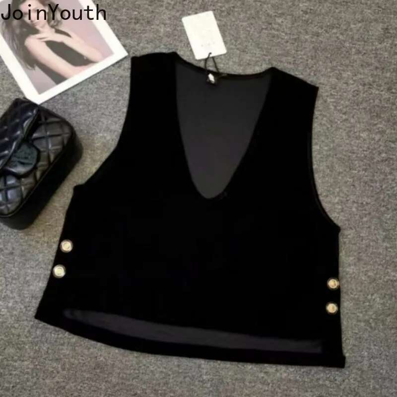 V-neck Black Velvet Tanks Vintage Korean Fashion Tanks Womens Clothing Sleeveless Loose Waistcoat Ropa Mujer Crop Tops 27t860