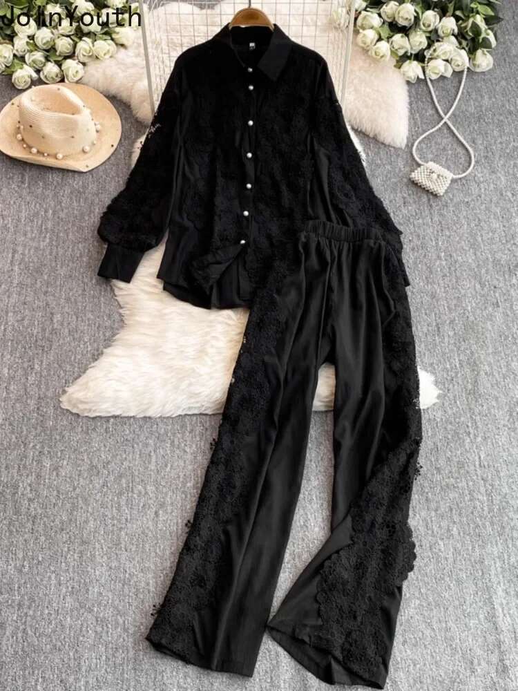 Women Clothing Temperament 2 Piece Sets Long Sleeve Loose Blouses Elastic High Waist Wide Leg Pants Outfits Hollow Out Lace Suit