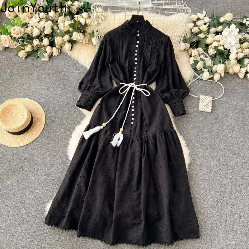 2025 Vestidos De Mujer Tunic Stand Collar Lantern Sleeve Dresses Sweet Heavy Embroidery Crochet Hollow Out Vintage Dress Women
