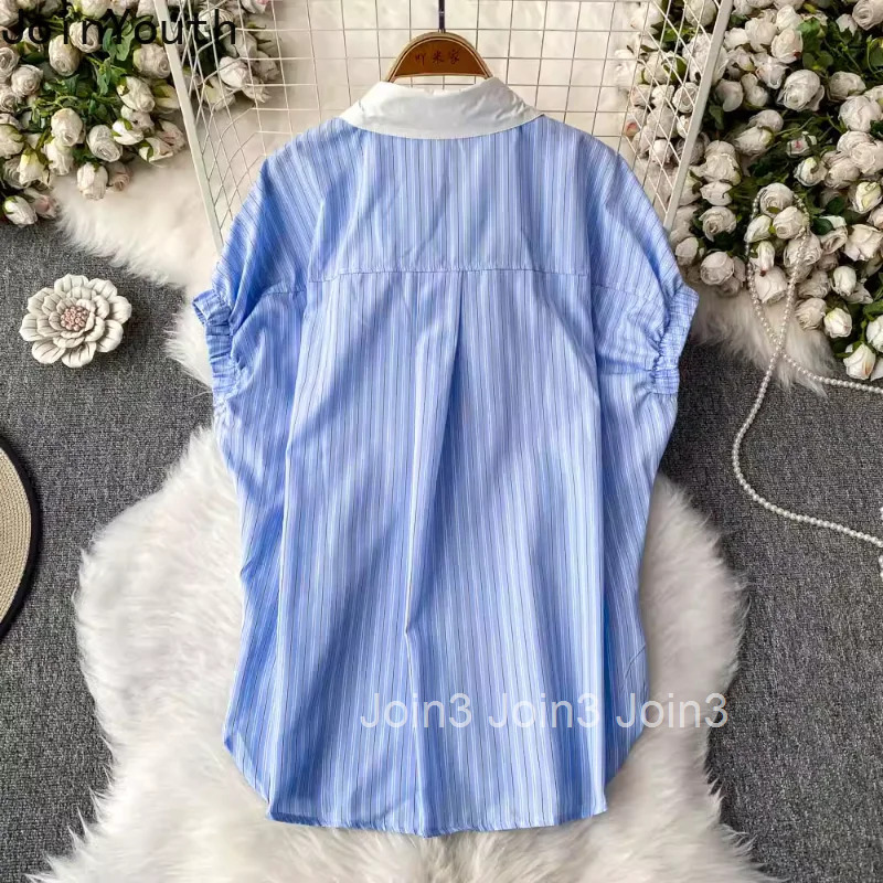 2025 Blusas Mujer De Moda Summer Blouses Womens Clothes Beading Loose Vintage Shirts Short Sleeve Fashion Striped Blouse Tops