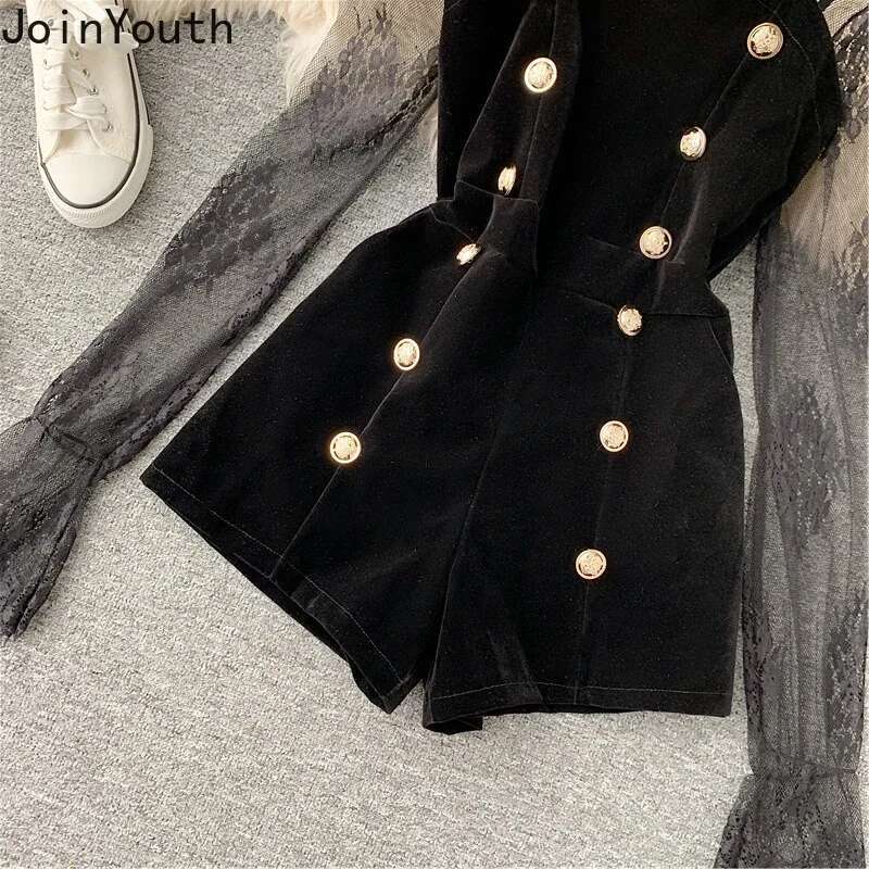 Temperament Bodysuits 2025 Women Clothing Tunic Fashion Patchwork Jumpsuit 2025 Ropa Mujer Double-breasted Black Velvet Rompers