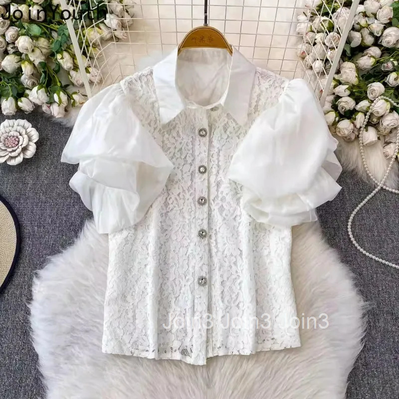 2025 Blusas Mujer De Moda Summer Blouses Womens Clothing Puff Sleeve Lace Hollow Out Shirts Slim Waist Vintage Blouse Tops