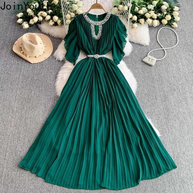 2025 Vestidos De Mujer Summer Dresses for Women Flying Sleeve Slim Waist Chic Robe Femme Heavy Diamond Hollow Out Pleated Dress