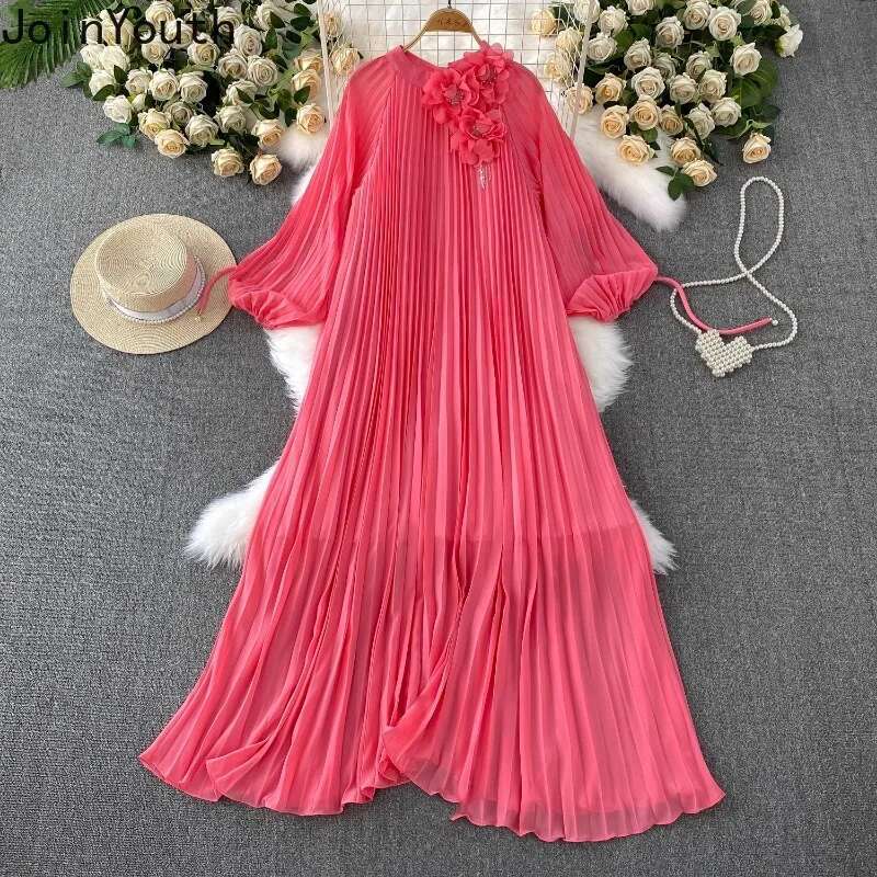 Elegant Summer Dress Lantern Sleeve O-neck Beading 3D Floral Robe Femme 2025 Vestidos De Mujer Solid Color Pleated Maxi Dresses