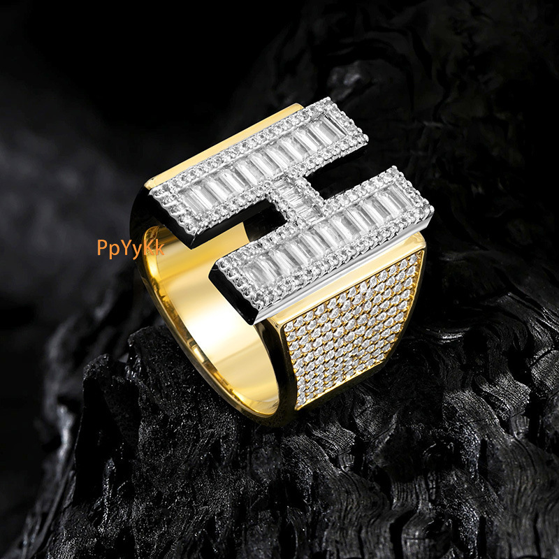 Luxury Jewelry Men's Hip Hop Double Row English Letter H Ring Full Diamond Micro Pave Personalized Bold Accessory