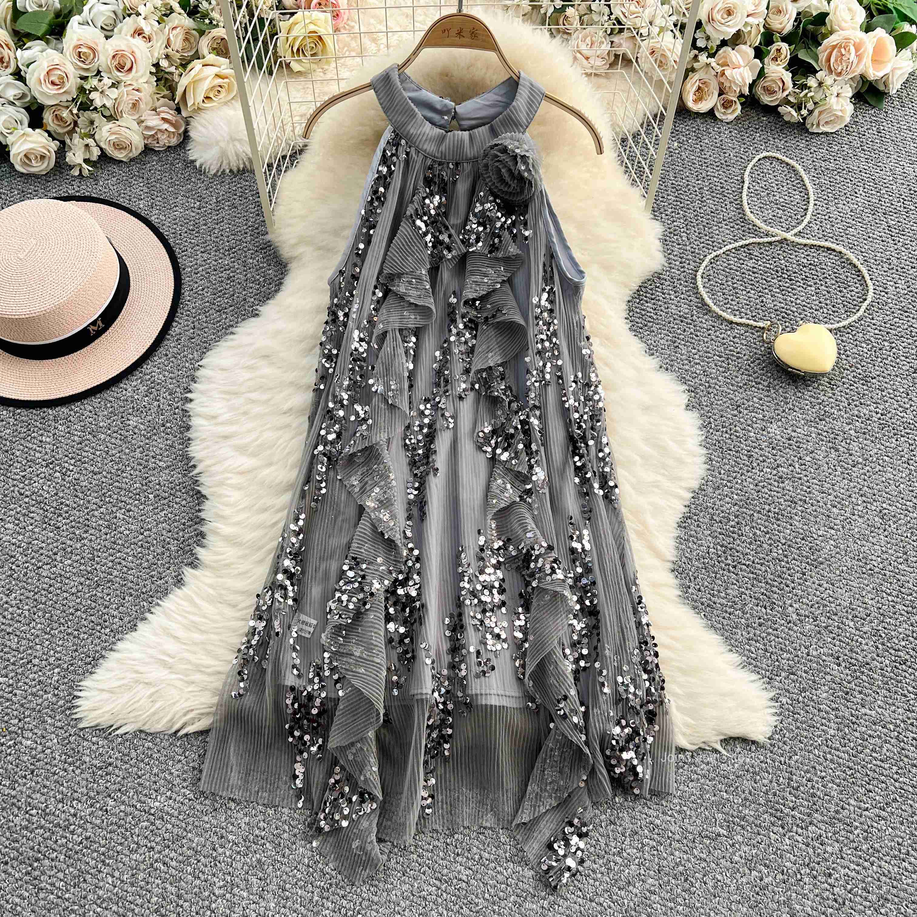 Temperament Robe Femme Summer Woman Dress 2025 Vestidos De Mujer Sleeveless Loose Heavy Sequin Ruffles 3D Floral Dresses 7p540