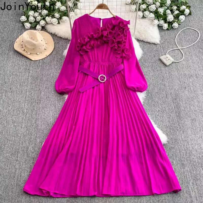 2025 Vestidos De Mujer Vintage Woman Dress Long Sleeve 3D Floral Slim Waist Temperament Robe Femme Elegant Pleated Maxi Dresses