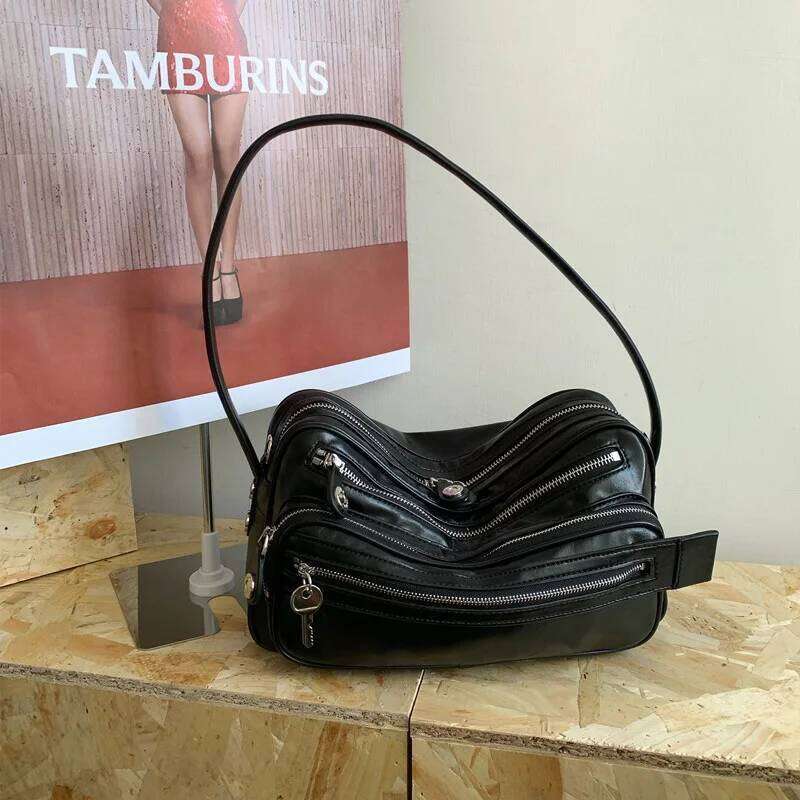 Korean Designer Fashion Willow Nail Motorcycle Multi-Pocket Ladies Y2k Handbag Sweet Cool Spicy Girl Shoulder Trendy Bag