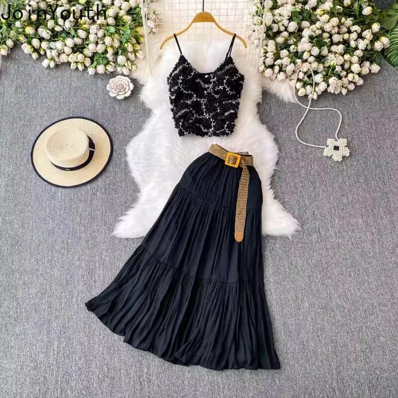 Women Clothing Two Piece Sets 3D Floral Tunic Sequin Vest Crop Tops High Waist Ruffles Skirt Outfits Fashion Korean Summer Suit