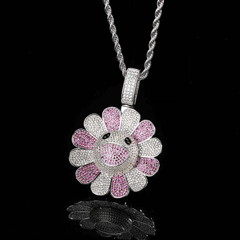 Copper Inlaid Zircon Rotatable Murakami Suower Pendant Real Gold Plated Trendy Hip Hop Necklace 9ece