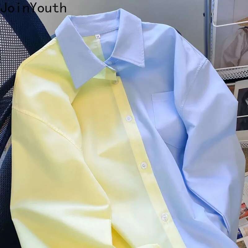 2025 Blusas De Mujer Contrast Color Korean Blouses Long Sleeve Fashion Loose Shirts Preppy Style Casual Vintage Blouse Tops